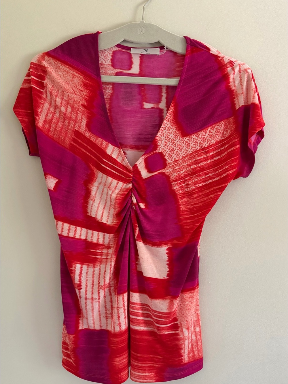 Natori Women's Knot-Front Short Sleeve Top - Pink & Red Size: S. MSRP: $79